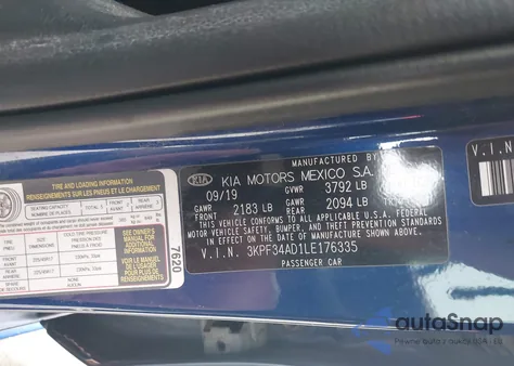 2020 Kia Forte Gt-Line z USA, uszkodzony, nr VIN 3KPF34AD1LE176335